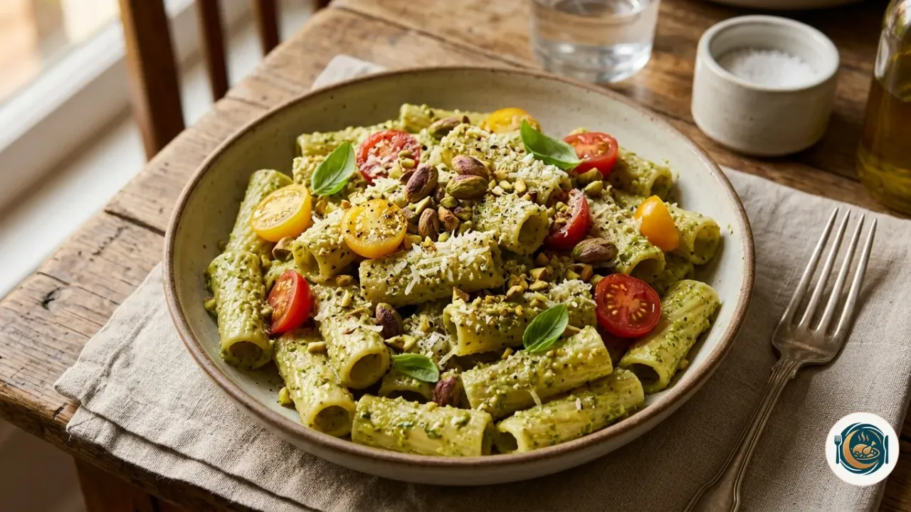 Plato de rigatoni con pesto de pistacho verde, pistachos picados y parmesano