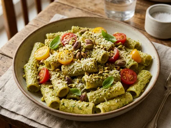 Plato de rigatoni con pesto de pistacho verde, pistachos picados y parmesano