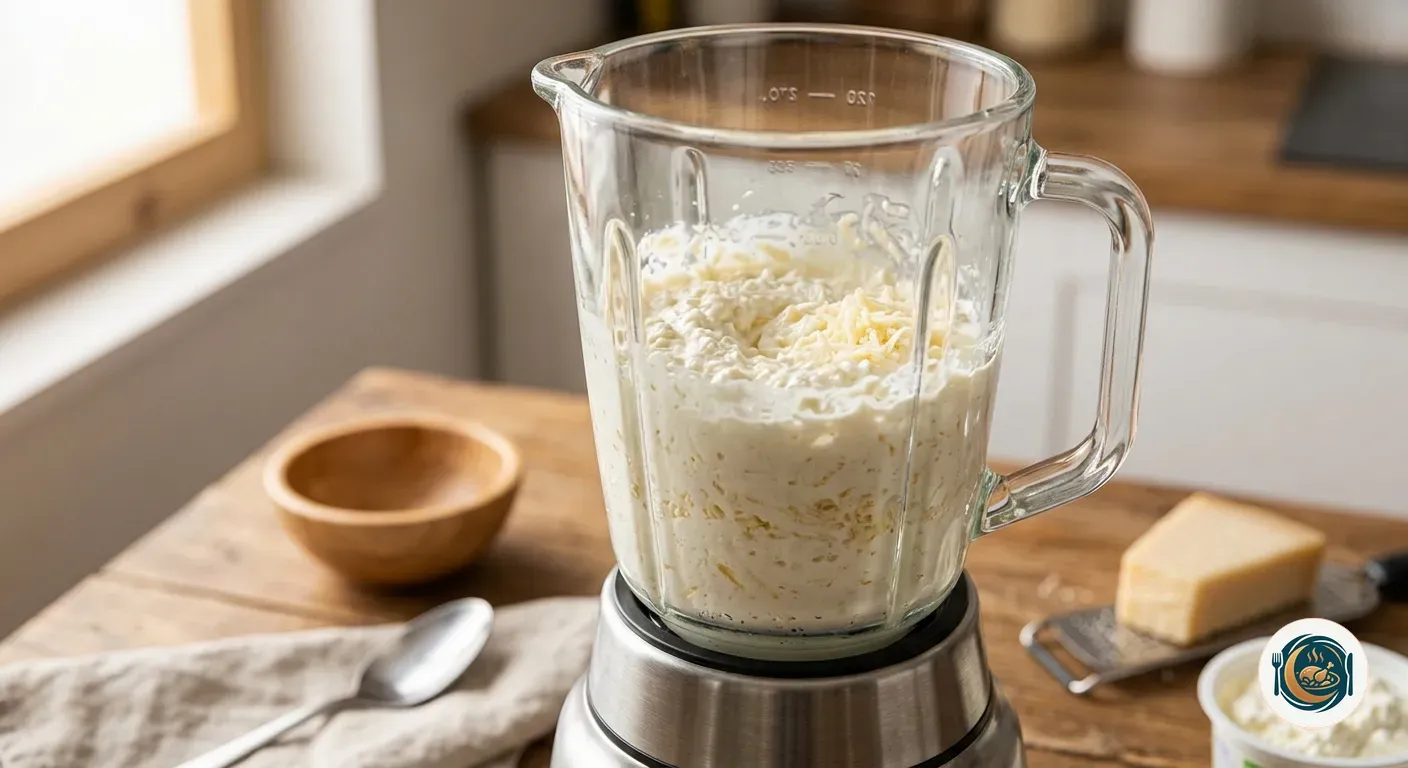 Requesón batido con parmesano en un vaso de batidora