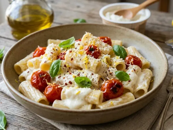 Plato de pasta con requesón y tomates cherry salteados con albahaca