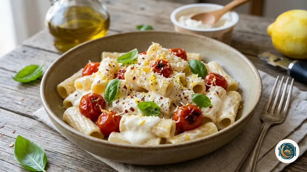 Plato de pasta con requesón y tomates cherry salteados con albahaca