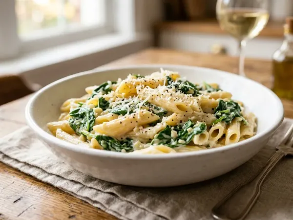 Plato de pasta cremosa de espinacas y ajo servido en un bol blanco