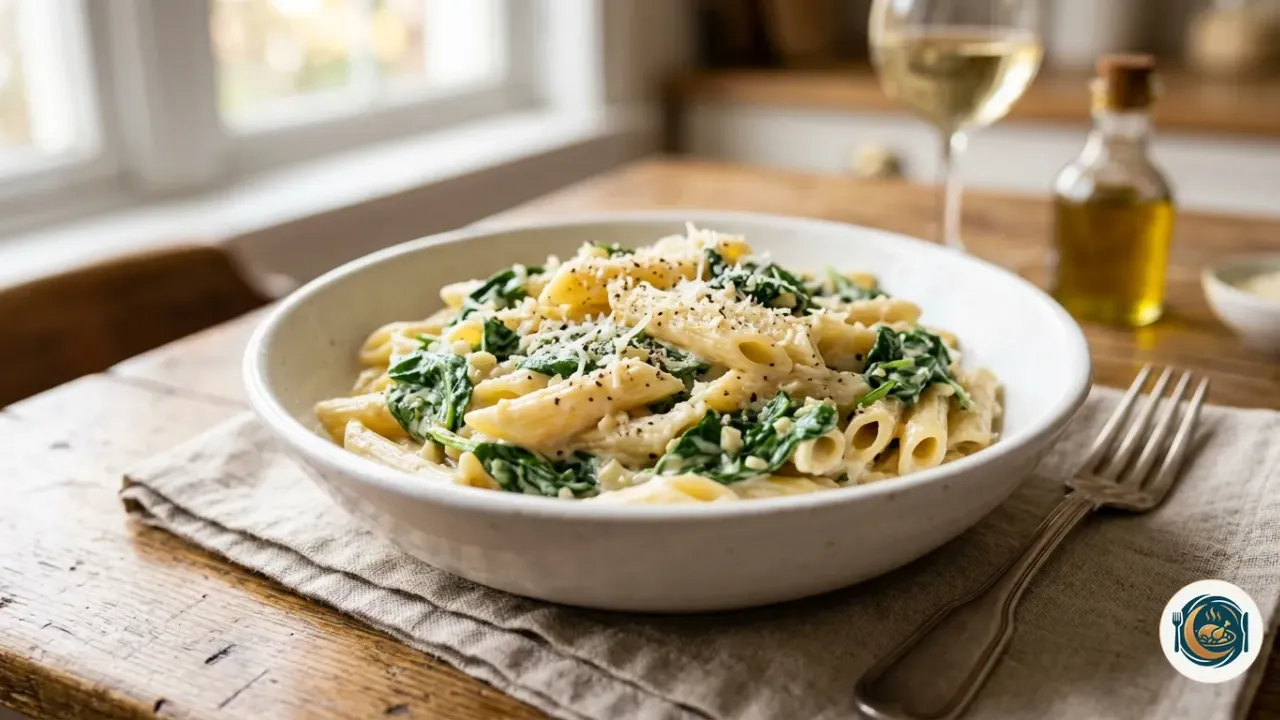 Plato de pasta cremosa de espinacas y ajo servido en un bol blanco