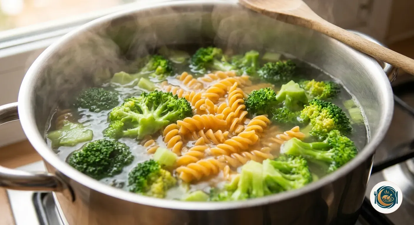 Ramilletes de brócoli cociendo junto a la pasta de garbanzo