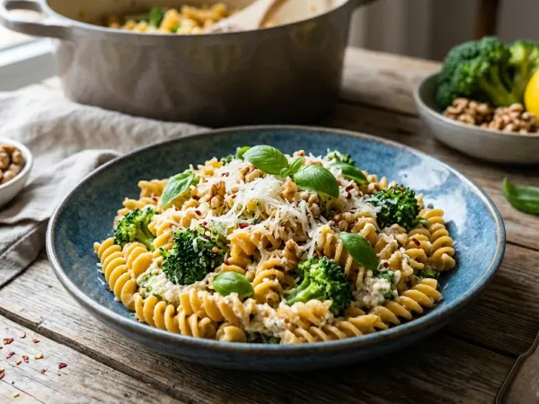 Plato de pasta de garbanzos con brócoli, parmesano y nueces