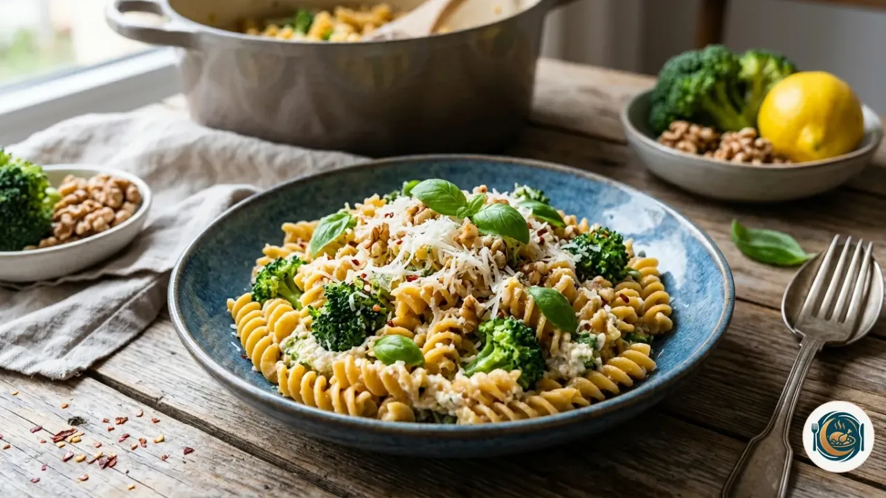 Plato de pasta de garbanzos con brócoli, parmesano y nueces