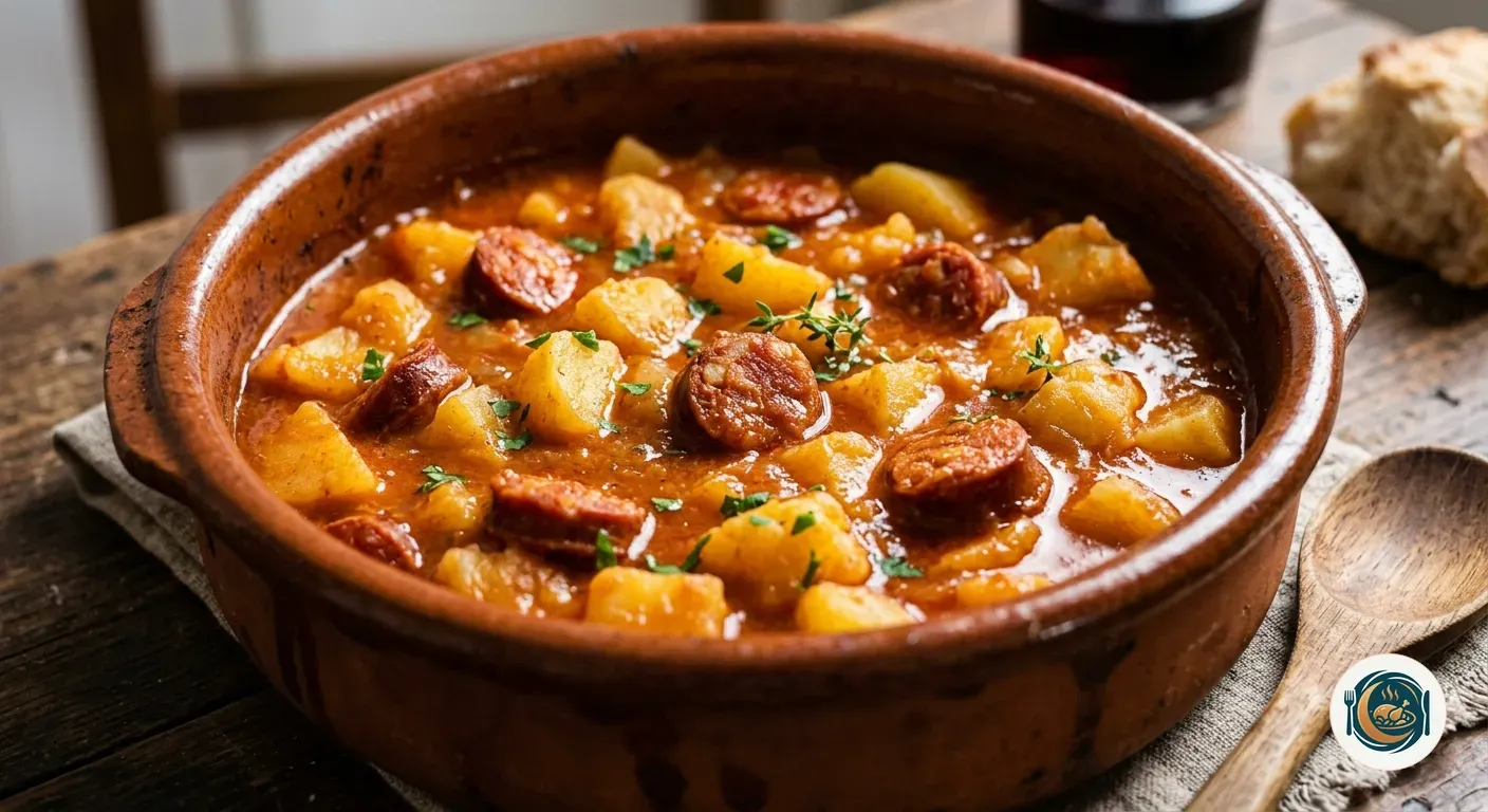 Cazuela de barro con patatas chascadas y chorizo