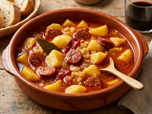 Cazuela de patatas a la riojana con rodajas de chorizo y caldo espeso