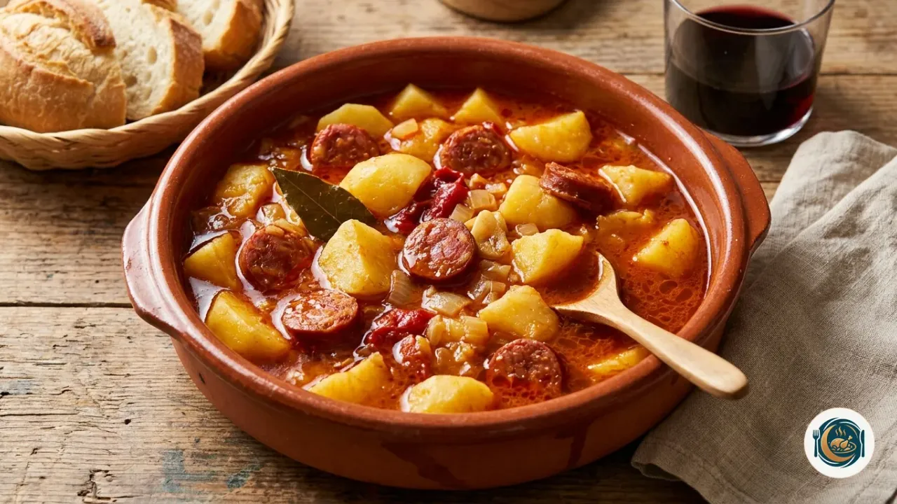 Cazuela de patatas a la riojana con rodajas de chorizo y caldo espeso