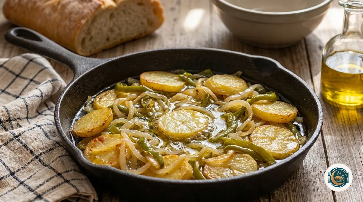 Sartén con las patatas a lo pobre confitándose junto a la cebolla y el pimiento verde
