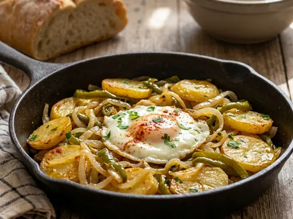 Fuente con patatas a lo pobre doradas, cebolla pochada y tiras de pimiento verde