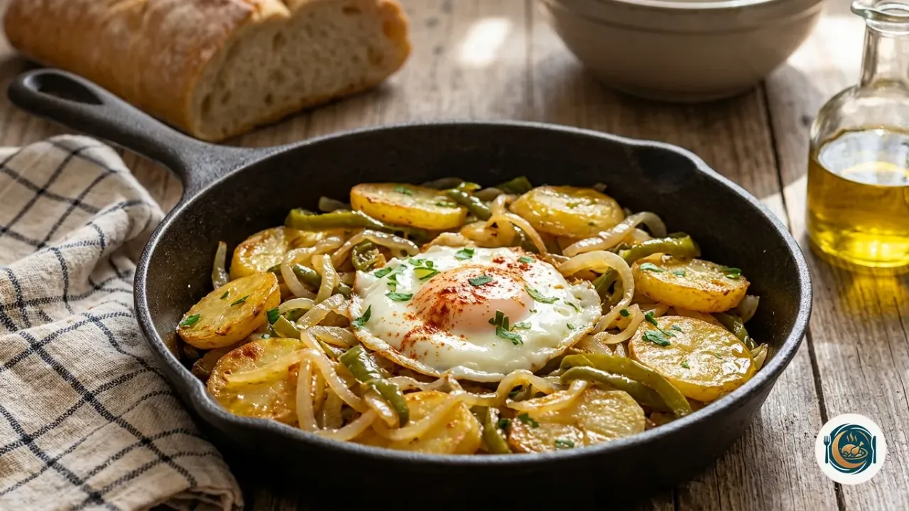 Fuente con patatas a lo pobre doradas, cebolla pochada y tiras de pimiento verde