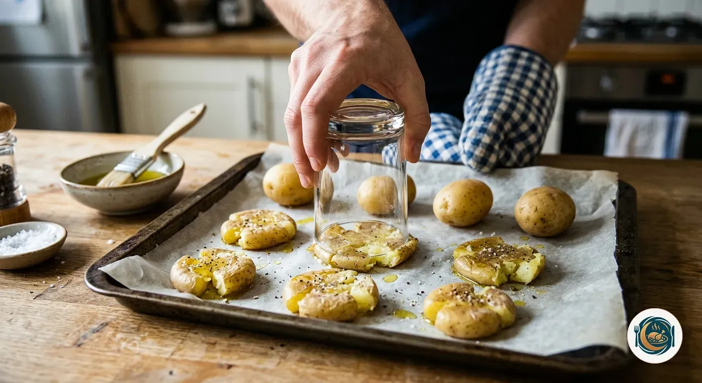 Patatas aplastadas con un vaso sobre la bandeja del horno