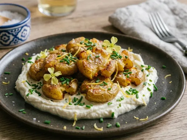 Patatas aplastadas crujientes y doradas sobre feta batida con cebollino y ralladura de limón
