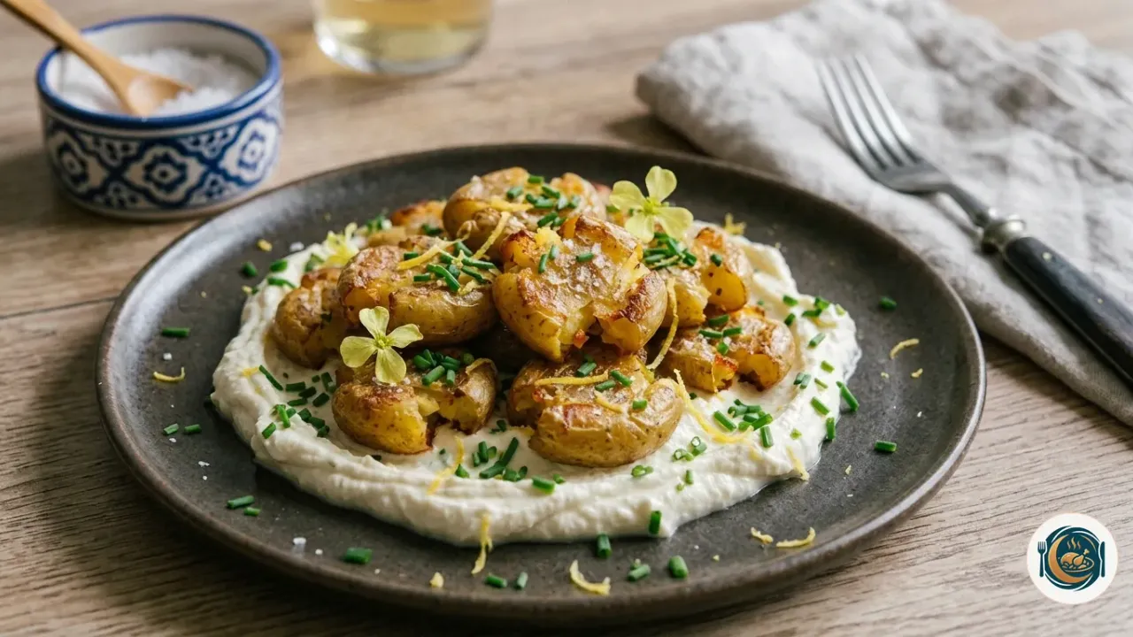 Patatas aplastadas crujientes y doradas sobre feta batida con cebollino y ralladura de limón