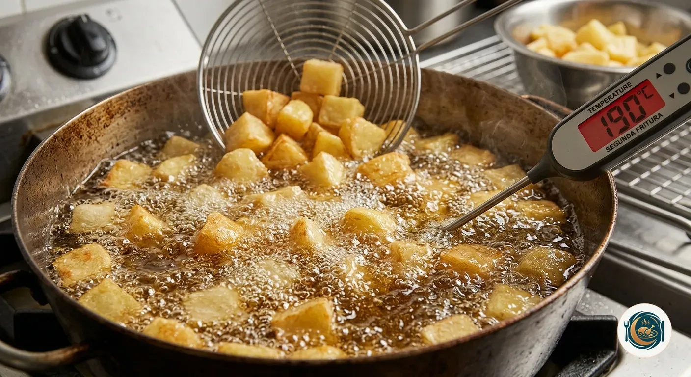 Dados de patata burbujeando en la segunda fritura a 190 grados
