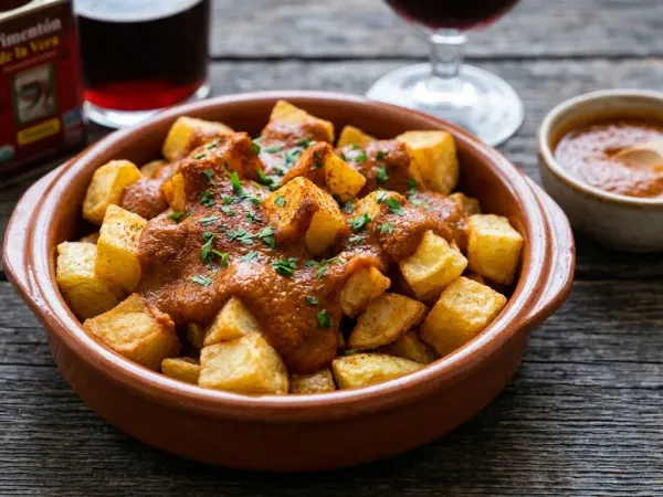 Patatas bravas caseras con salsa brava roja en un plato de barro