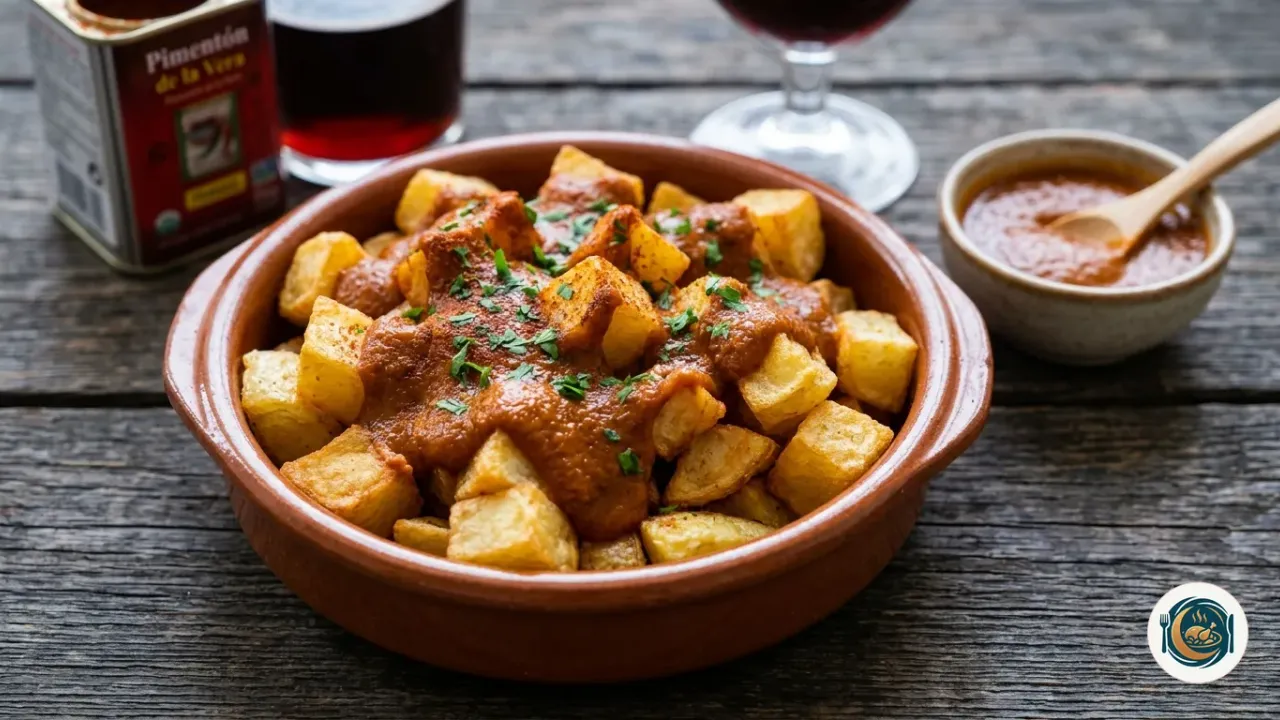 Patatas bravas caseras con salsa brava roja en un plato de barro