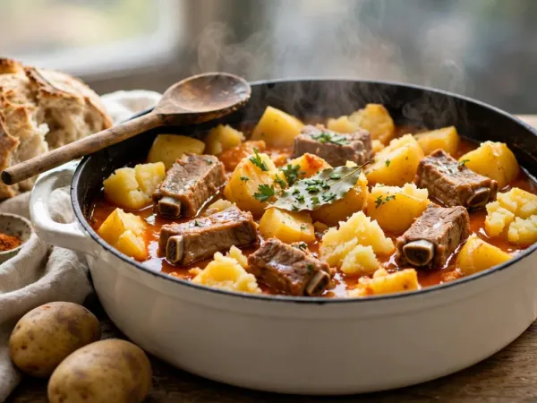 Cazuela de patatas con costillas de cerdo en caldo rojo de pimentón