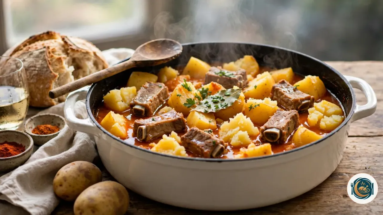 Cazuela de patatas con costillas de cerdo en caldo rojo de pimentón