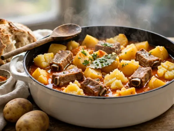 Cazuela de patatas con costillas de cerdo en caldo rojo de pimentón