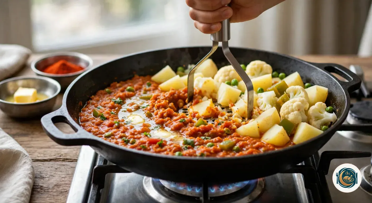 Mano aplastando con un pasapurés patata, coliflor y guisantes en una salsa roja de tomate dentro de una sartén de hierro al fuego