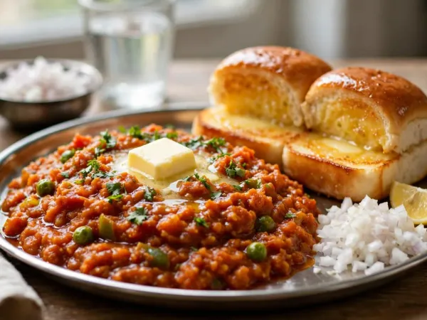 Plato de acero con pav bhaji rojo anaranjado, una nuez de mantequilla y cilantro, panecillos tostados con mantequilla, cebolla picada y limón