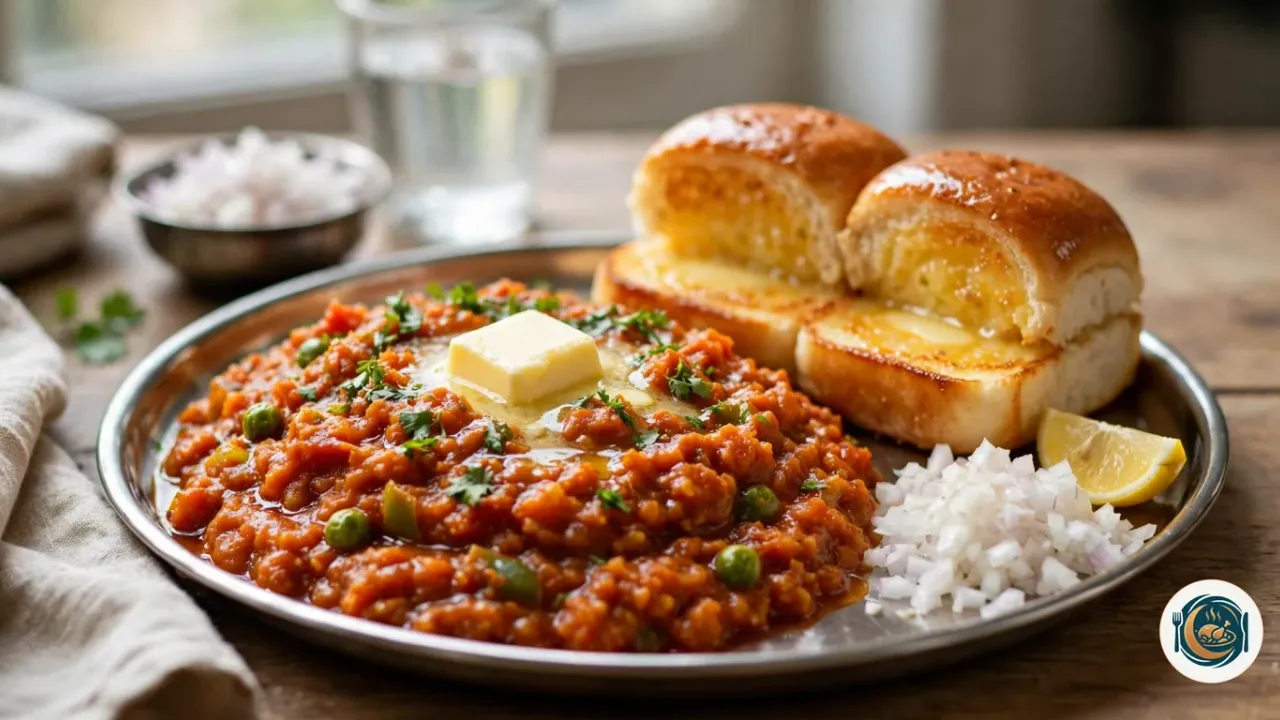 Plato de acero con pav bhaji rojo anaranjado, una nuez de mantequilla y cilantro, panecillos tostados con mantequilla, cebolla picada y limón
