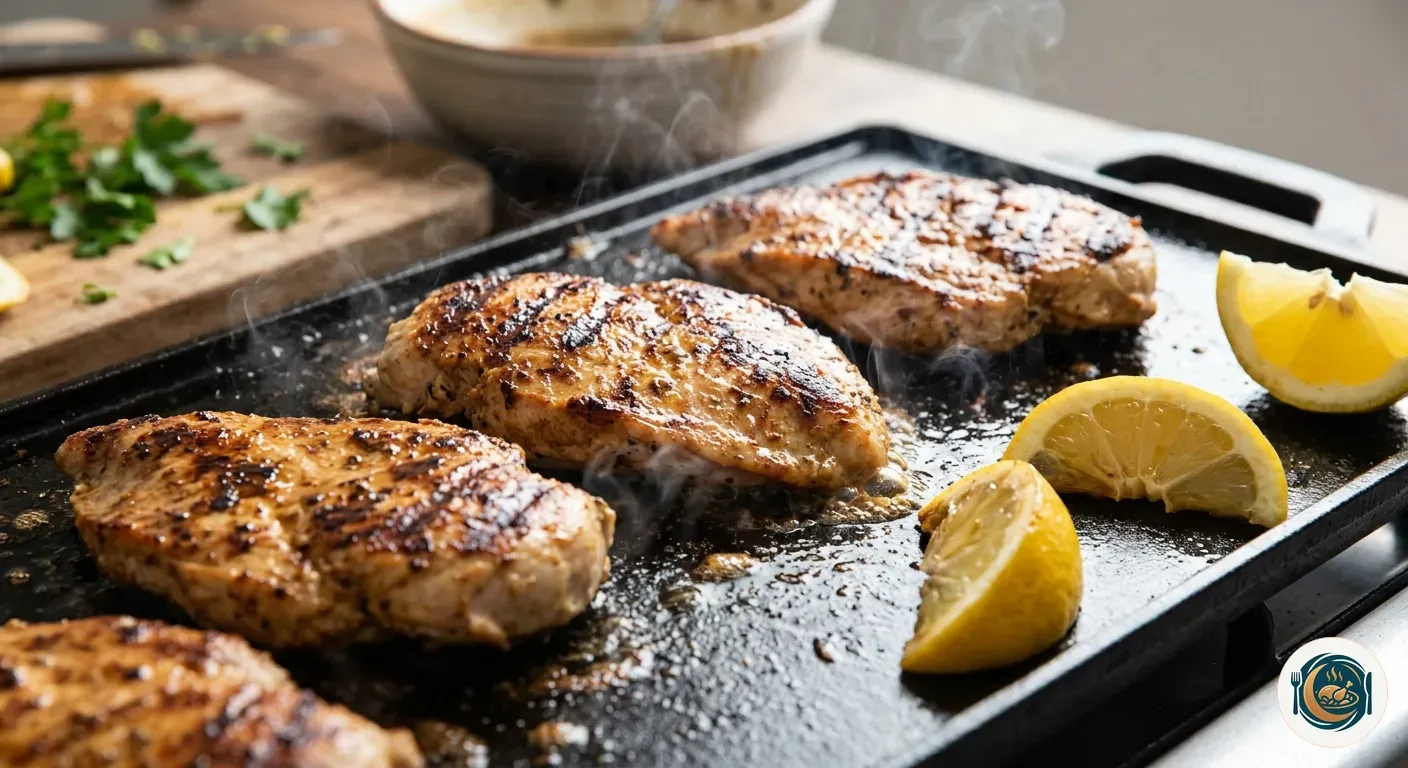 Filetes de pechuga de pavo dorándose en una plancha caliente con limón al lado