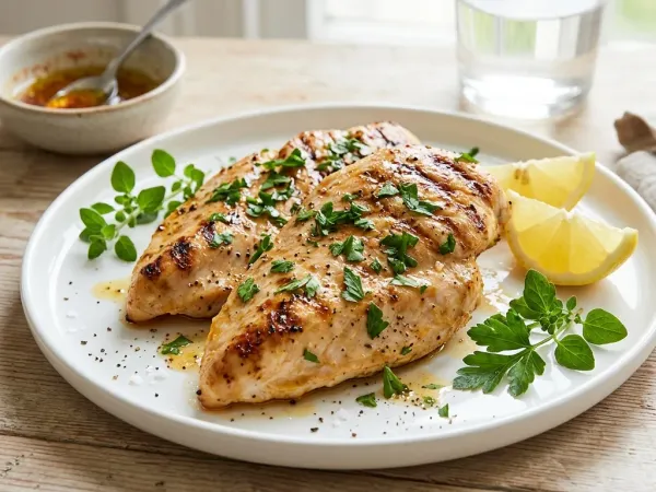 Filetes de pechuga de pavo a la plancha dorados con limón y perejil servidos en un plato blanco