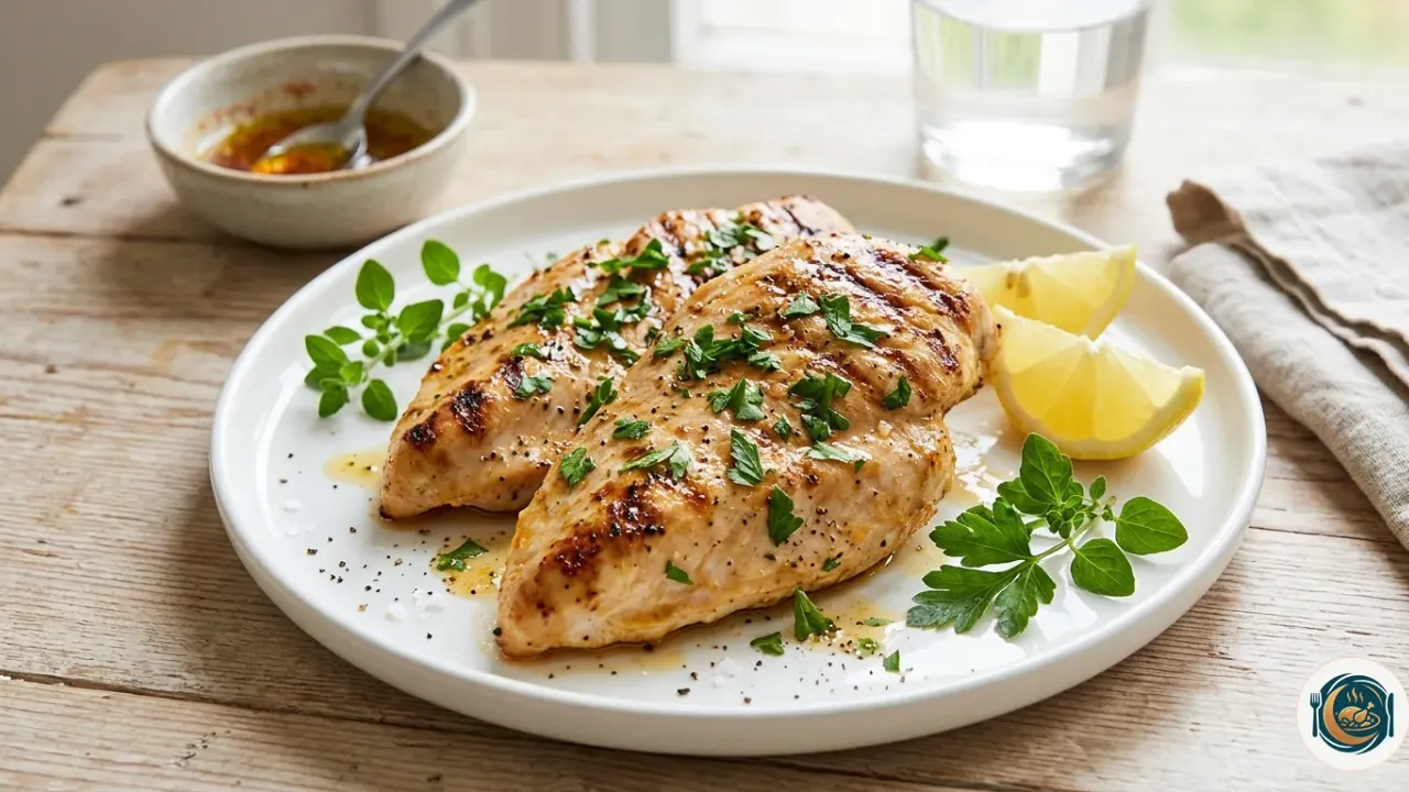 Filetes de pechuga de pavo a la plancha dorados con limón y perejil servidos en un plato blanco