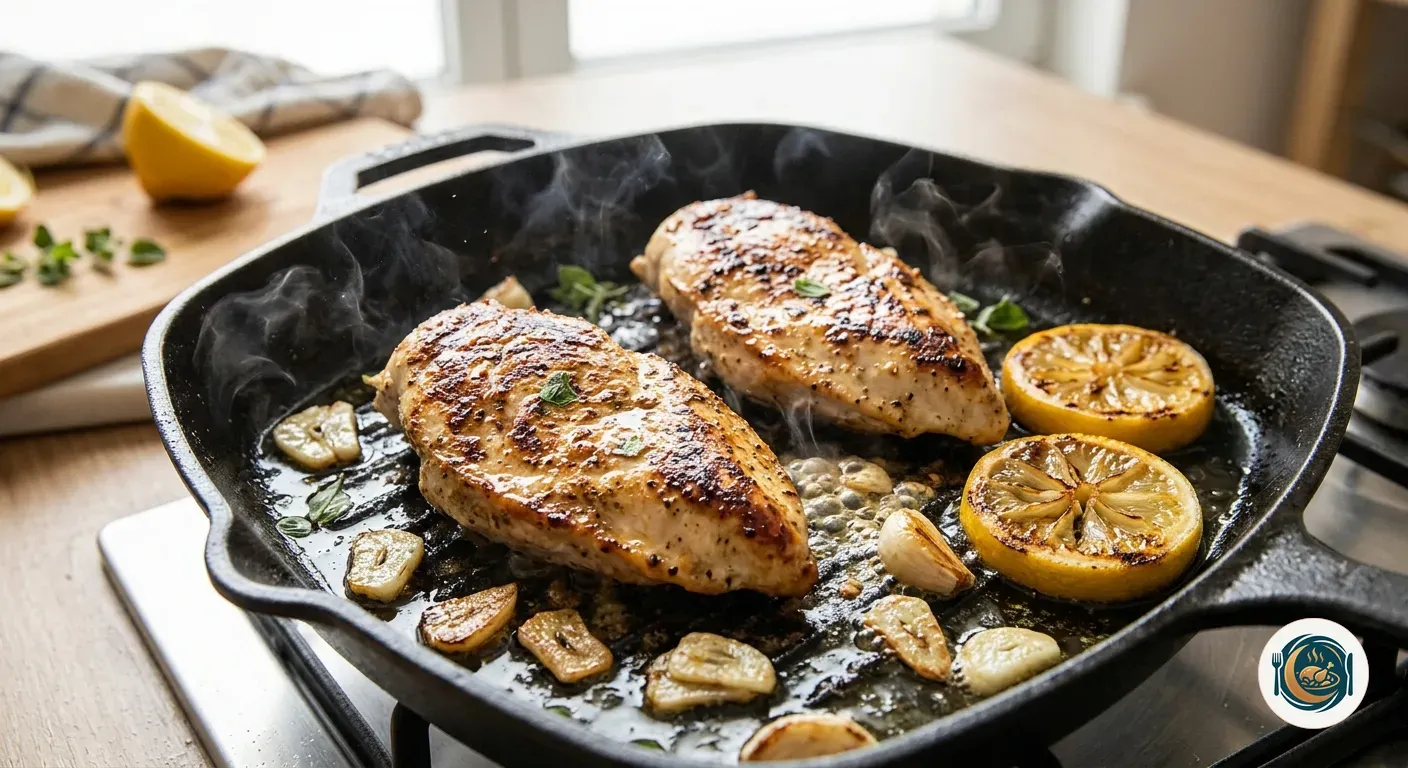Filetes de pechuga de pollo dorándose en la plancha con ajo y limón