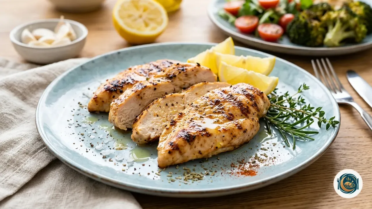 Filetes de pechuga de pollo a la plancha dorados con limón y orégano en un plato