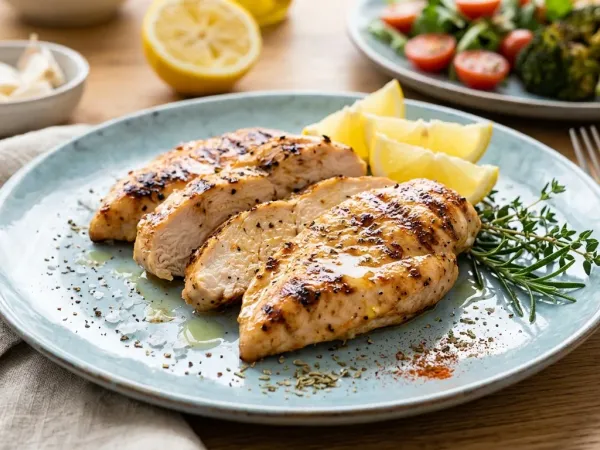 Filetes de pechuga de pollo a la plancha dorados con limón y orégano en un plato