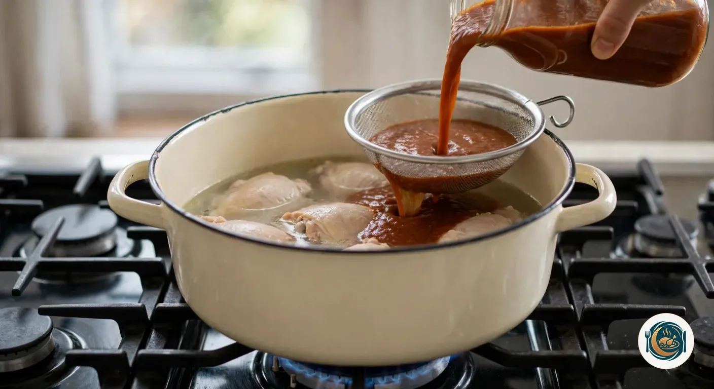 Mano vertiendo salsa rojiza espesa desde un tarro de cristal a través de un colador metálico sobre una olla con trozos de pollo cocido