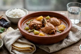 Plato hondo de barro con pepián de pollo en salsa espesa rojiza, con patata, chayote y judías verdes, junto a un bol de arroz blanco y tortillas de maíz