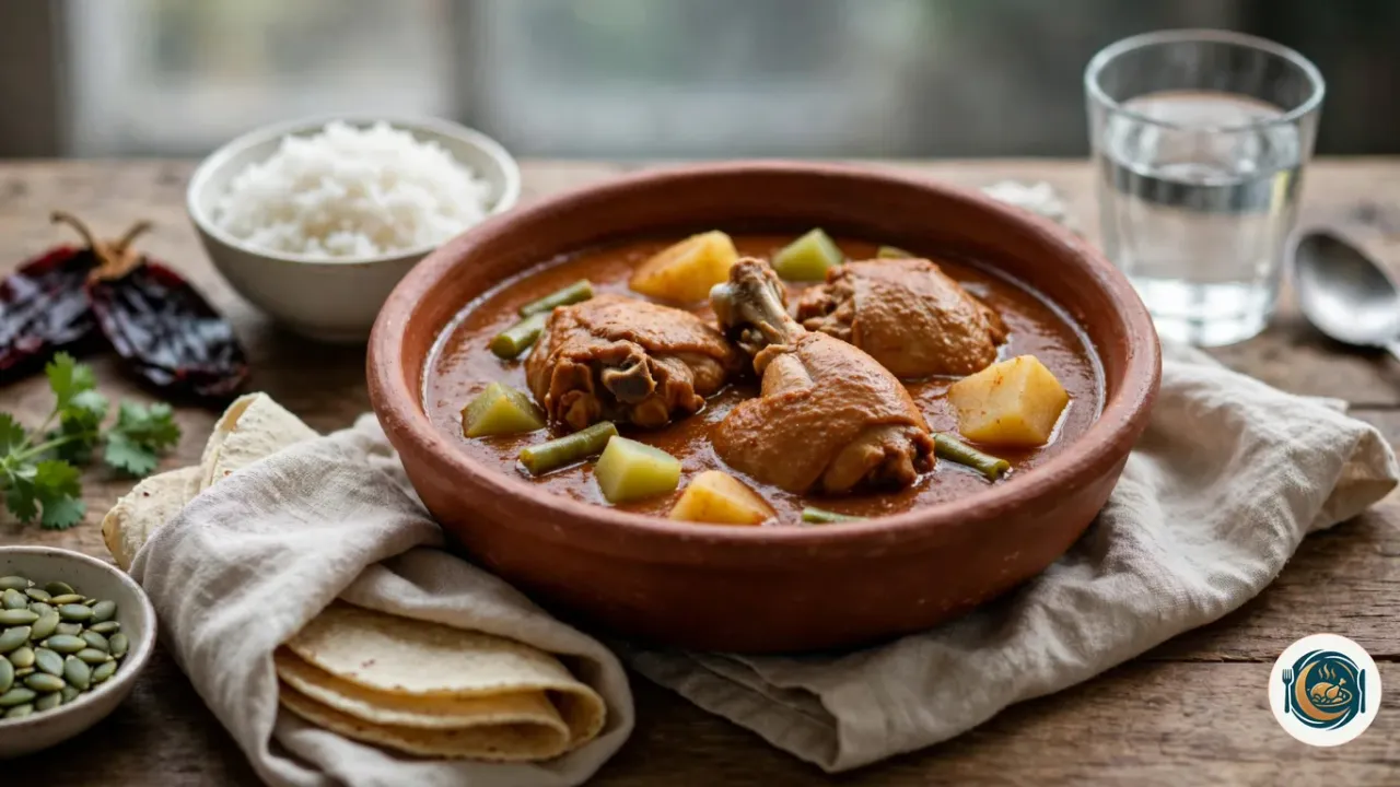 Plato hondo de barro con pepián de pollo en salsa espesa rojiza, con patata, chayote y judías verdes, junto a un bol de arroz blanco y tortillas de maíz