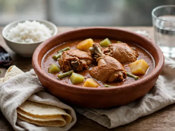 Plato hondo de barro con pepián de pollo en salsa espesa rojiza, con patata, chayote y judías verdes, junto a un bol de arroz blanco y tortillas de maíz