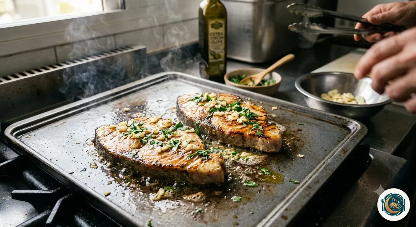 Lomos de pez espada dorándose en una plancha caliente con ajo y perejil