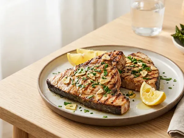 Lomos de pez espada a la plancha dorados con ajo, perejil y limón en un plato