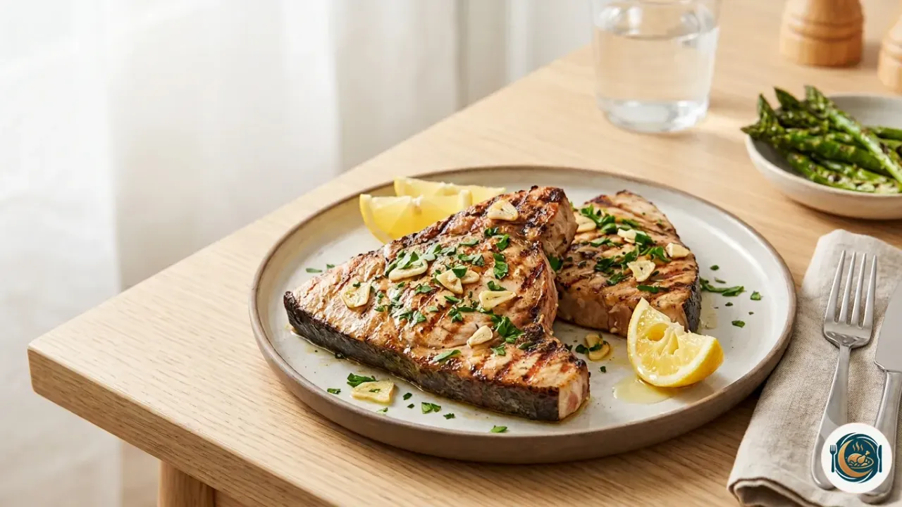 Lomos de pez espada a la plancha dorados con ajo, perejil y limón en un plato