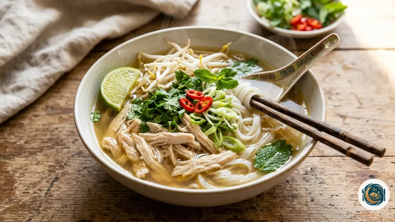 Bol de pho de pollo con fideos de arroz, pollo deshilachado, brotes de soja, hierbas frescas y lima