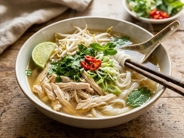 Bol de pho de pollo con fideos de arroz, pollo deshilachado, brotes de soja, hierbas frescas y lima