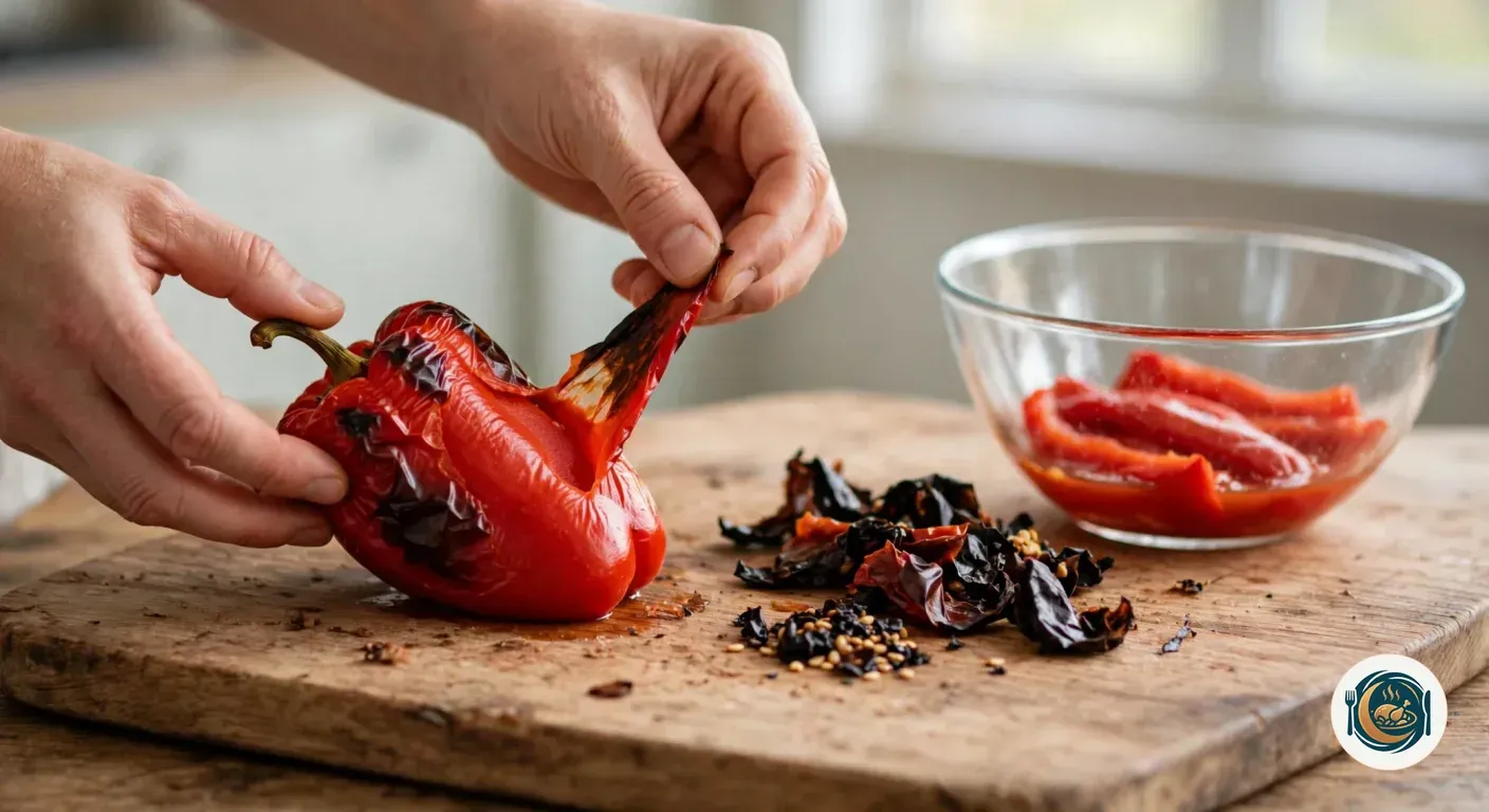Manos pelando un pimiento rojo asado sobre una tabla de madera