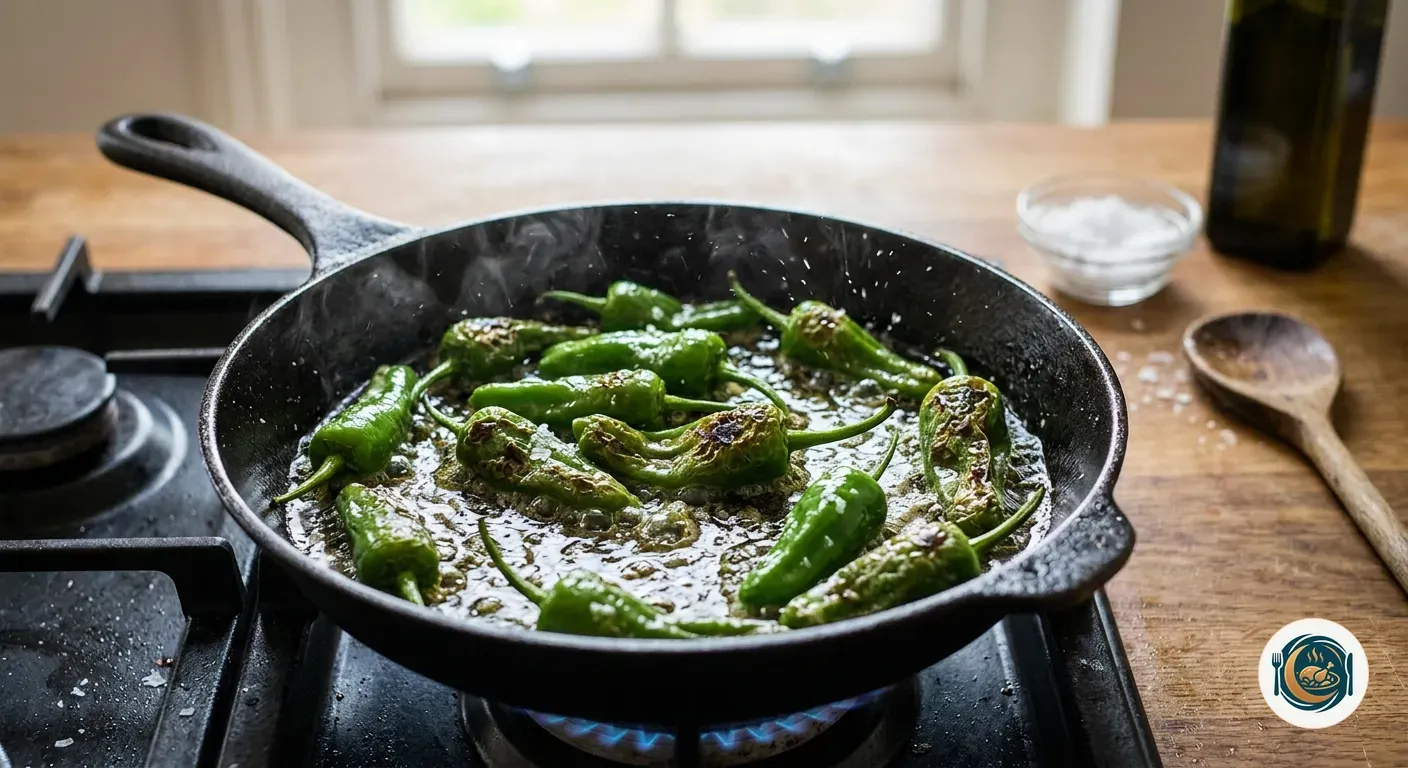 Pimientos del padrón friéndose en una sartén con aceite de oliva caliente