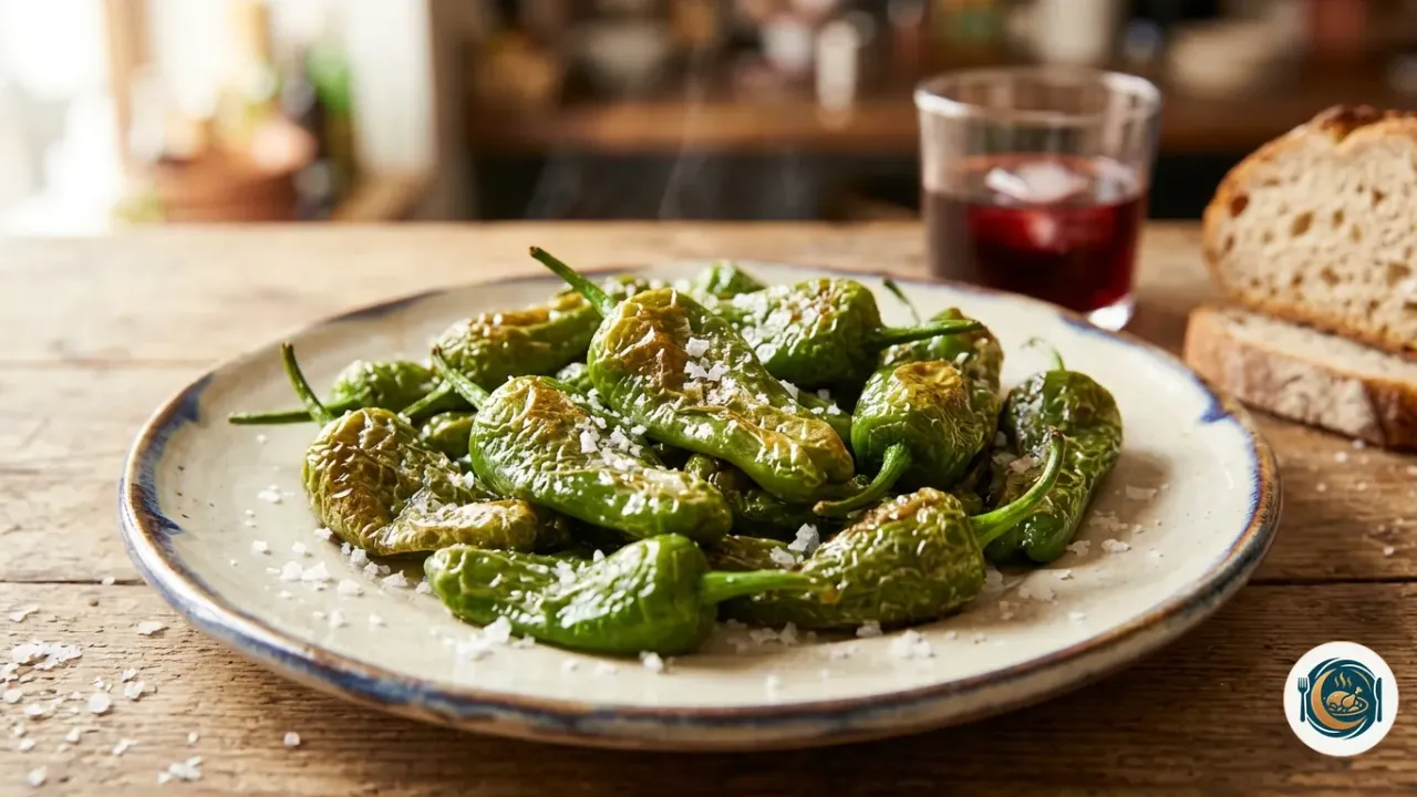 Plato de pimientos del padrón fritos y brillantes con sal en escamas