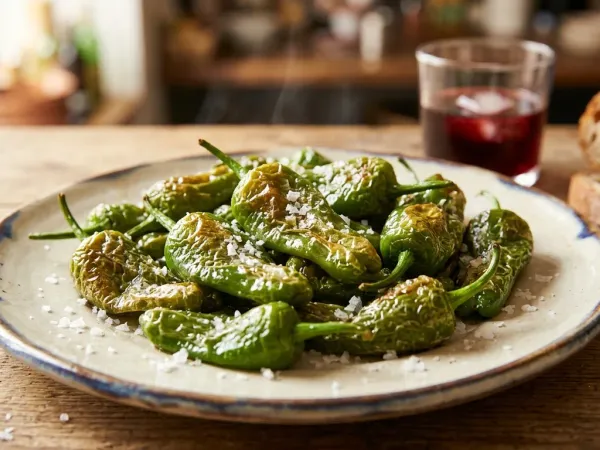 Plato de pimientos del padrón fritos y brillantes con sal en escamas