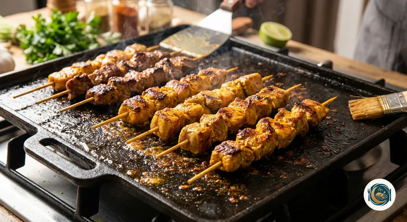 Brochetas de pinchos morunos dorándose en una plancha caliente
