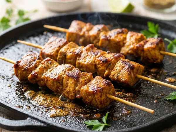 Brochetas de pinchos morunos de cerdo doradas sobre una plancha