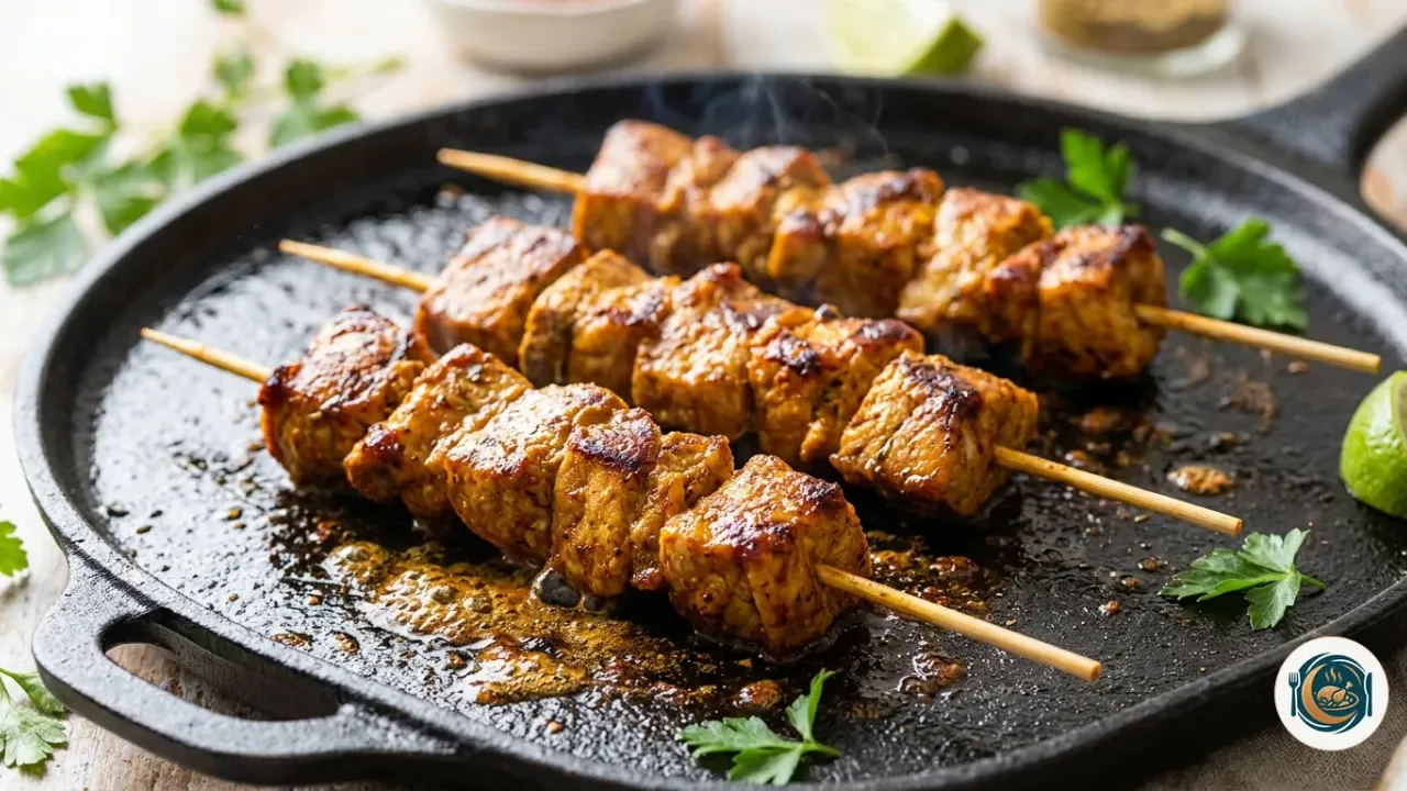 Brochetas de pinchos morunos de cerdo doradas sobre una plancha